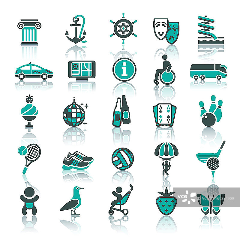 度假、旅游和娱乐图标合集，含旅行、运动元素及倒影图片素材