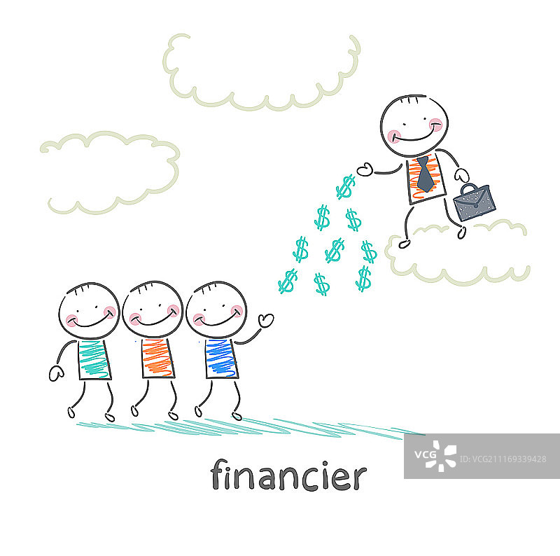 金融家站在云端向人们撒钱图片素材