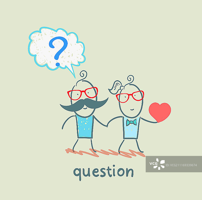 带有问号的男人和手捧爱心的女孩图片素材