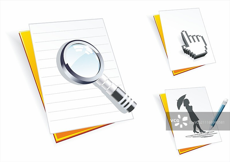 带有纸质清洁纸、放大镜、光标和铅笔画的文件夹图片素材