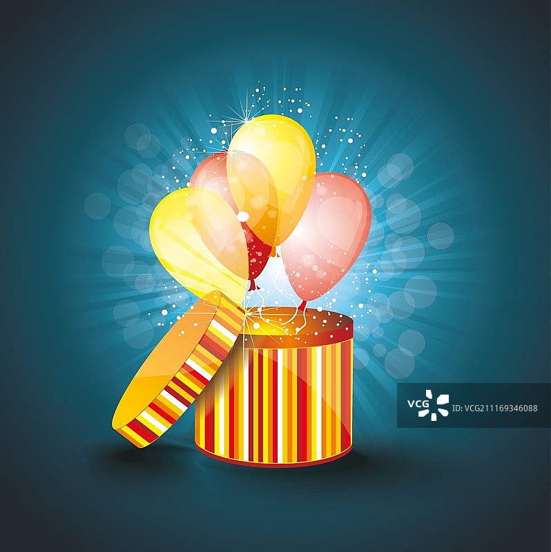 带有气球和魔法光的打开的礼品盒，矢量图图片素材
