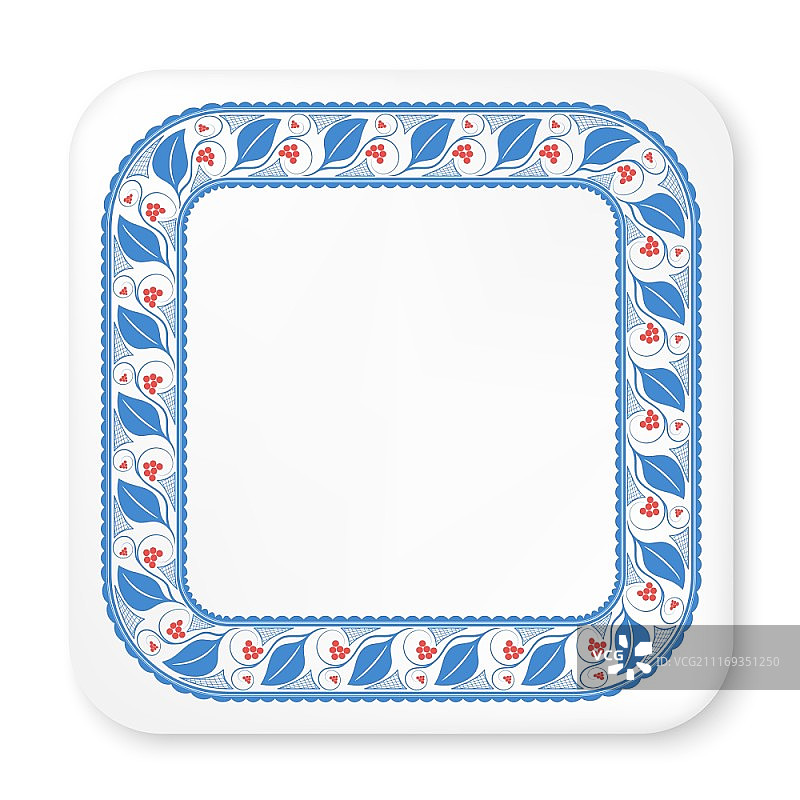 白色背景上绘有荚蒾的方形瓷盘。矢量图图片素材