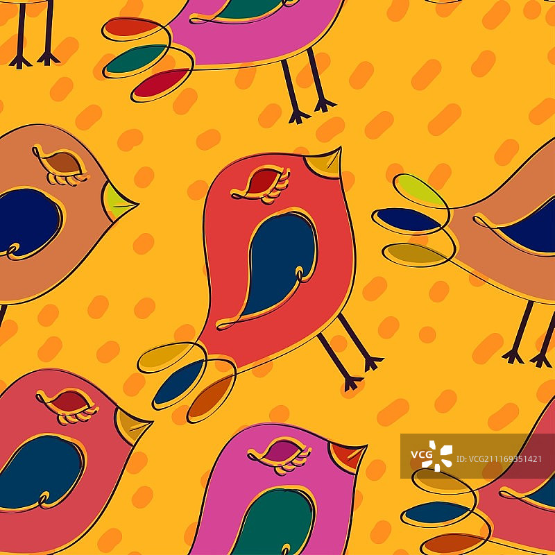 亮橙色原始风格小鸟无缝背景矢量插画图片素材