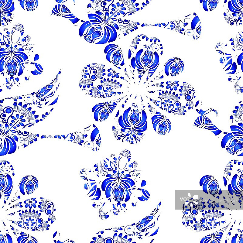 格热利风格花卉与鸟类无缝图案矢量插画图片素材