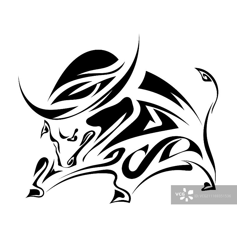 白色背景上带角的愤怒公牛的黑色轮廓，农场标志，矢量图图片素材