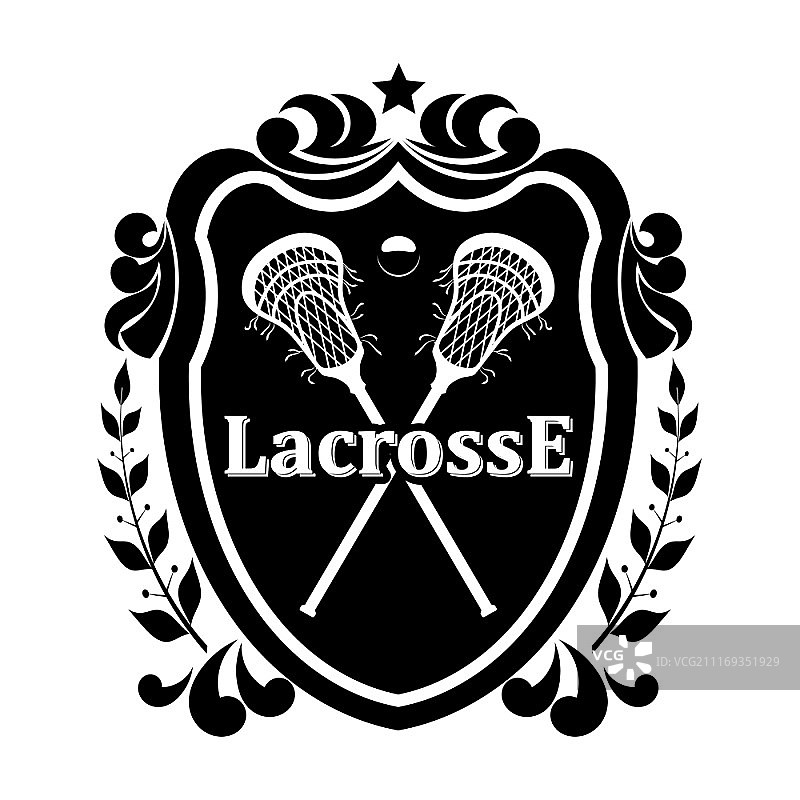 黑色盾牌上的曲棍球棍，配有橄榄枝和星星矢量图图片素材