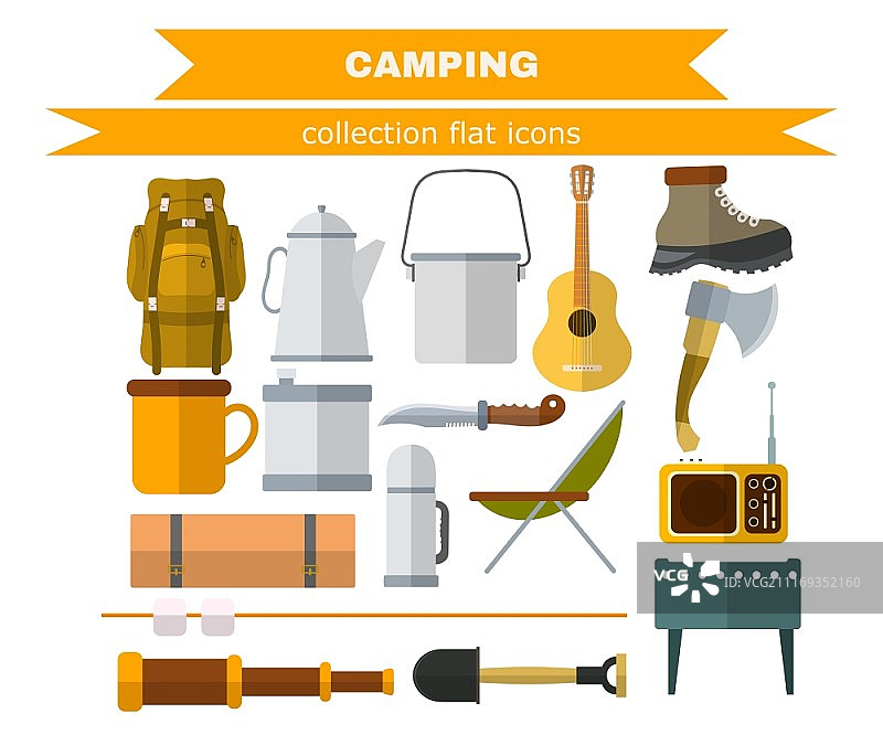 白色背景上的一组野营物品。扁平野营图标。扁平野营图标集合。彩色扁平图标。库存矢量图图片素材