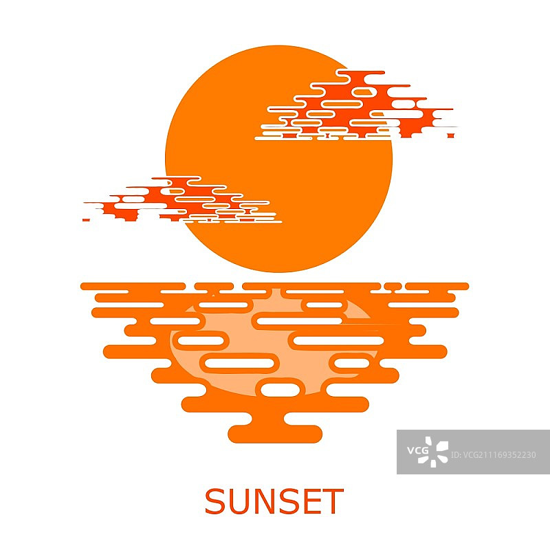 白色背景上的日落：日落和红色云彩图标扁平化设计图片素材