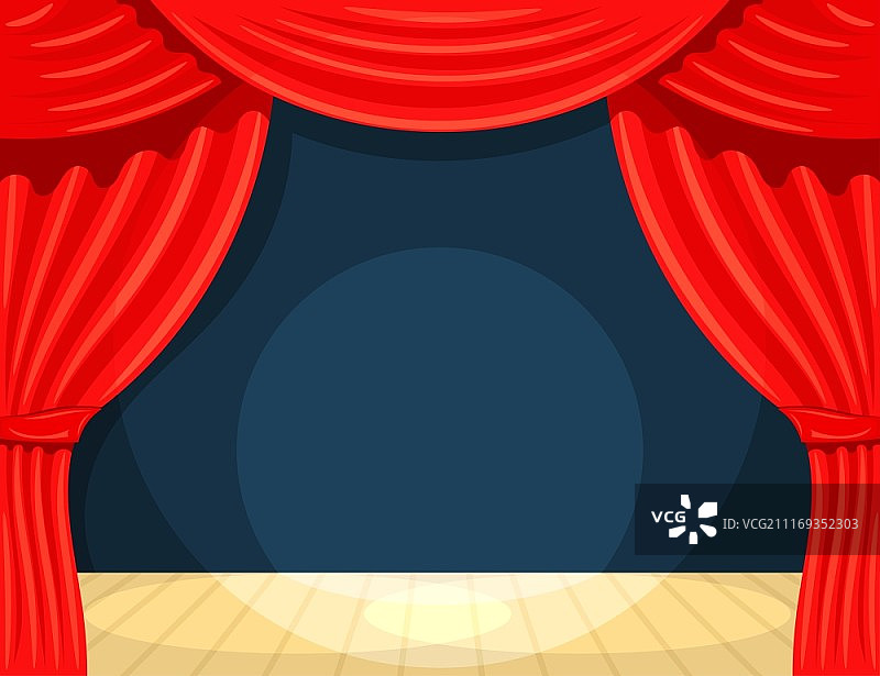 卡通剧院，聚光灯下的剧院帷幕，打开的剧院帷幕，舞台上的红色丝绸侧幕，库存矢量图图片素材