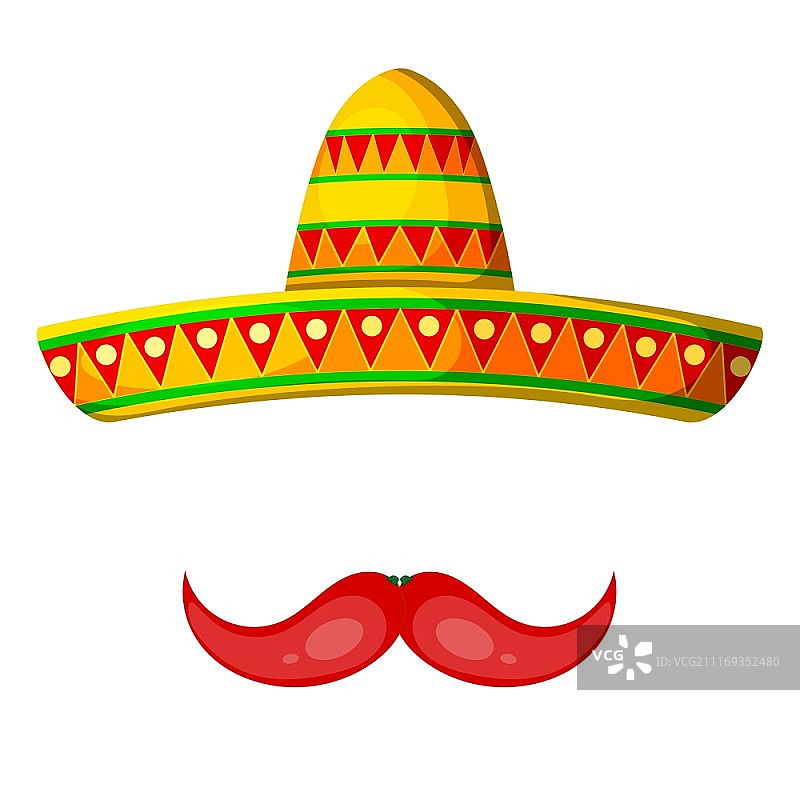彩色卡通墨西哥帽和辣椒小胡子白色背景矢量素材。帽子是墨西哥民族服装的元素图片素材