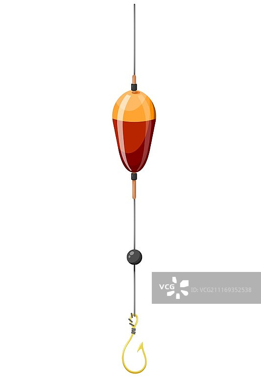 带有钩子、鱼线和坠子的浮子在白色背景上。卡通风格。渔具。钓鱼用品。库存矢量图图片素材