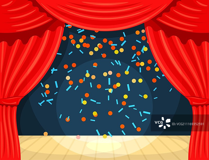 带有开放式窗帘和聚光灯光束的卡通剧院矢量图图片素材