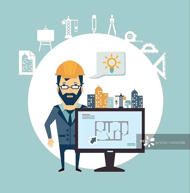 建筑师在电脑上绘制图纸插画图片素材