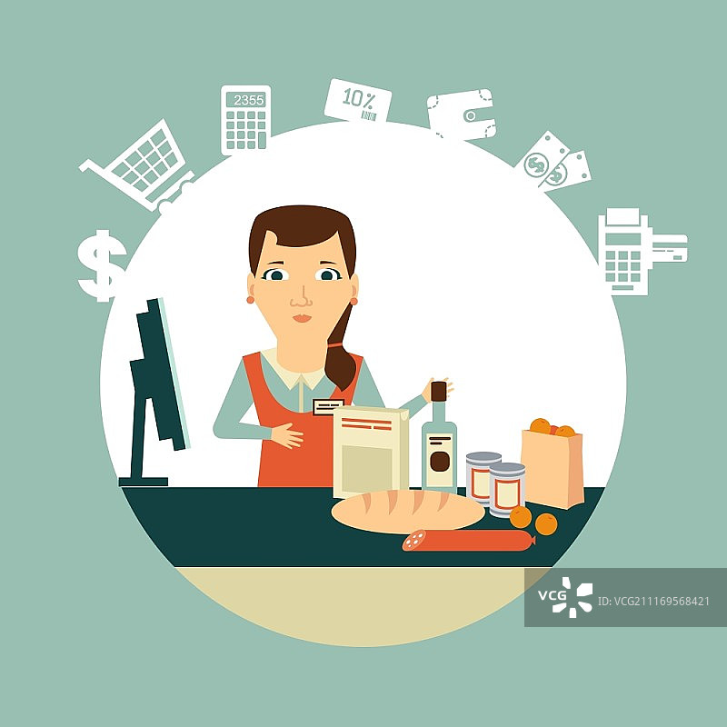 在工作中插图的食品店收银员。扁平现代风格矢量设计图片素材