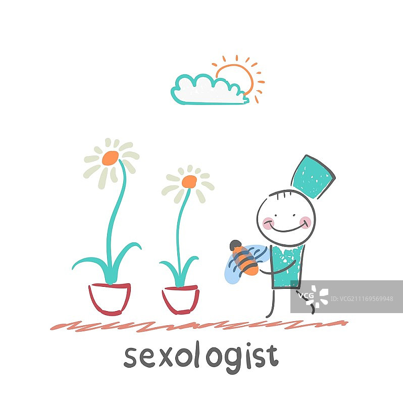 性学专家拿着蜜蜂靠近两朵花图片素材