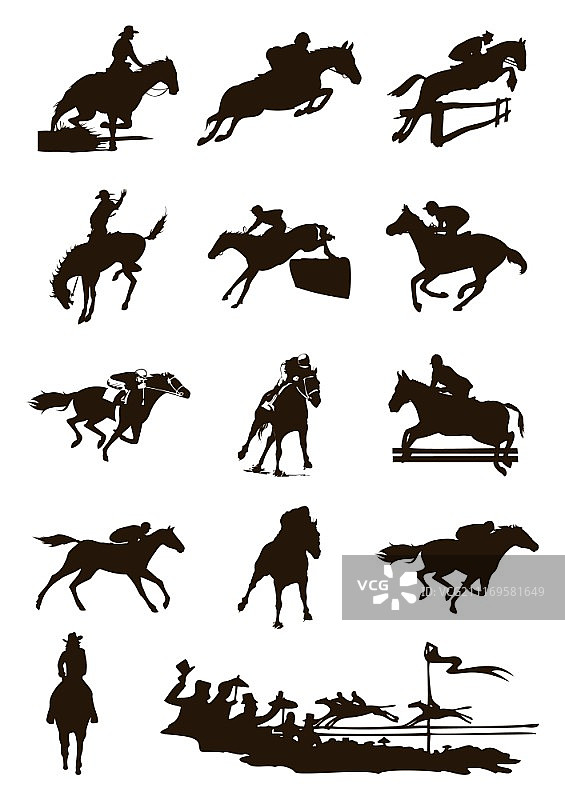 马术运动。白色背景上的黑色马匹轮廓。矢量图图片素材