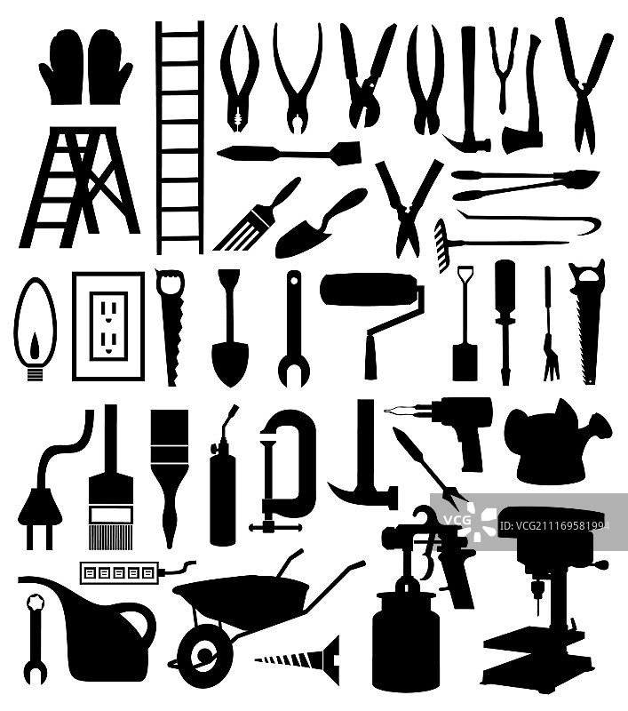 各种工具的黑色轮廓矢量图图片素材