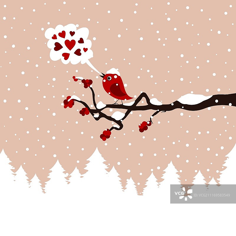 冬日树上歌唱的鸟儿矢量插画图片素材