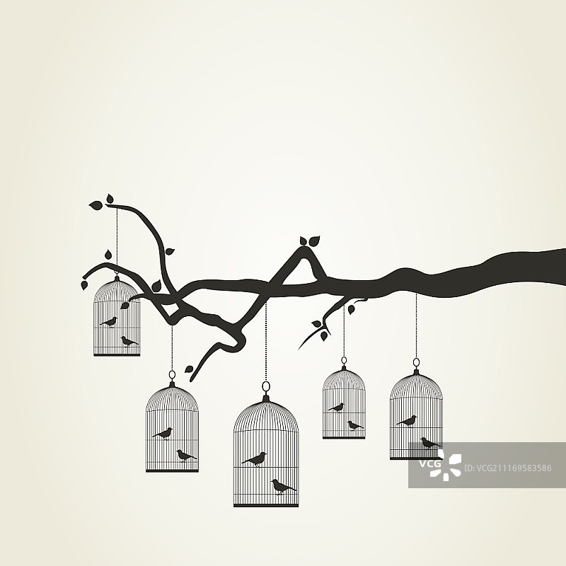 树枝上的鸟笼矢量插画图片素材