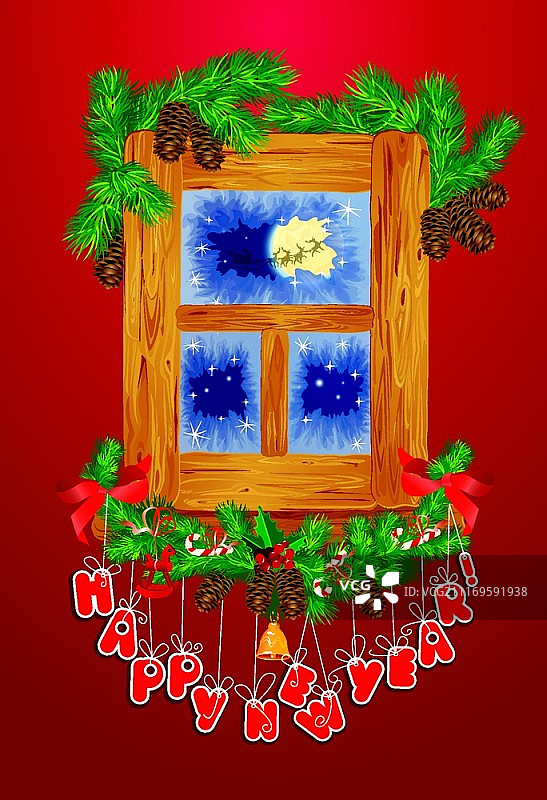 圣诞新年贺卡：木质冰窗和杉树枝背景上的飞鹿图片素材