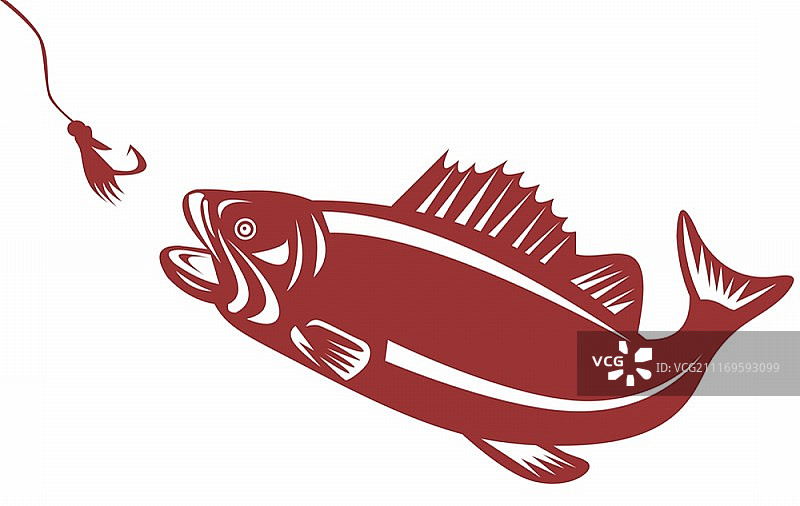 复古风格大口鲈鱼跃出水面插画图片素材