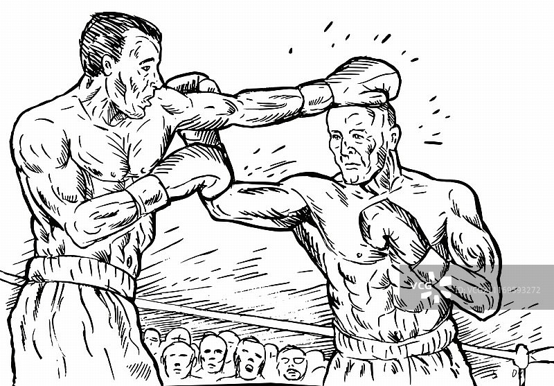 拳击手击倒对手的速写风格插画图片素材