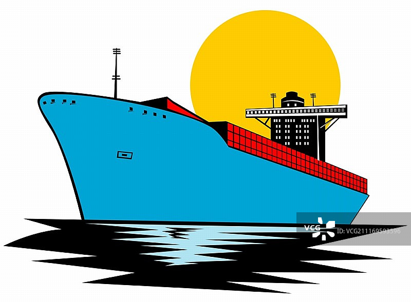 复古风格的客货集装箱船插画图片素材