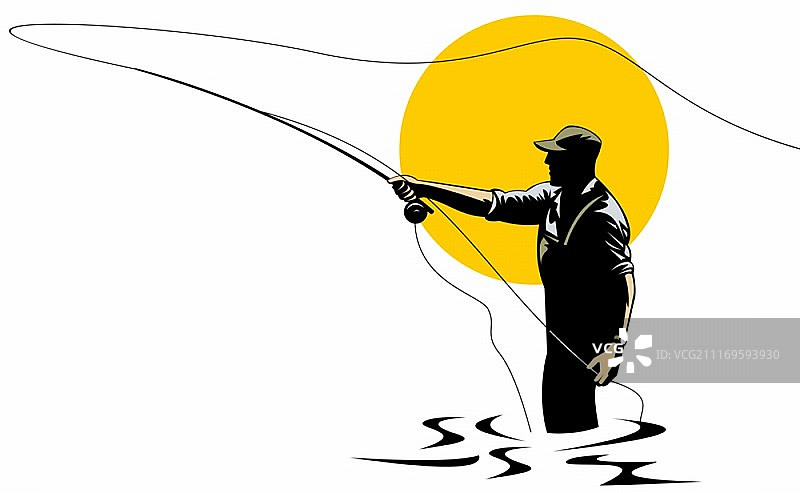 复古风格飞蝇钓鱼竿插画图片素材