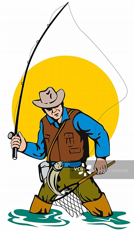 复古风格飞蝇钓鱼竿插画图片素材
