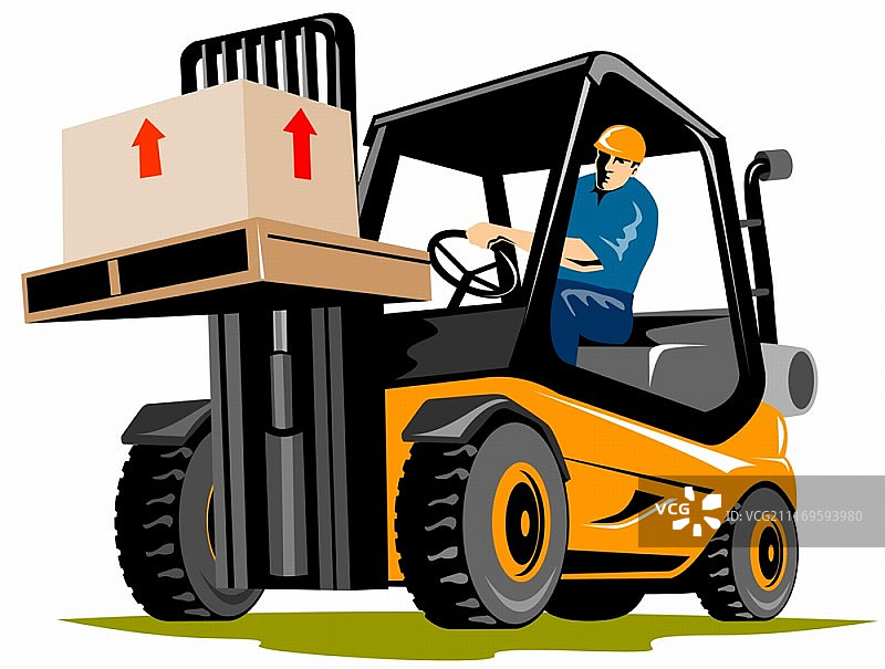 复古风格的叉车和司机工作插画图片素材