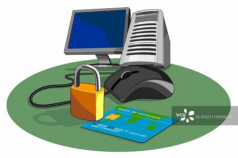 复古风格的有线电脑鼠标、显示器和带信用卡及挂锁的电脑主机插画图片素材