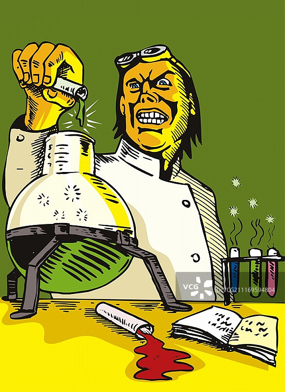 复古风格的科学家在实验室里手持试管烧瓶插画图片素材