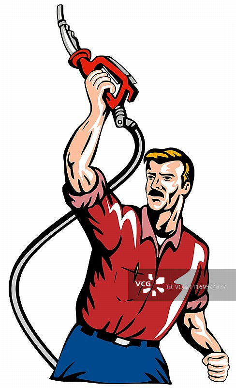 复古风格的加油站服务员手持加油枪插画图片素材