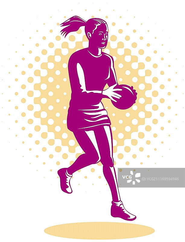 复古风格的女子篮网球运动员跳跃插画图片素材