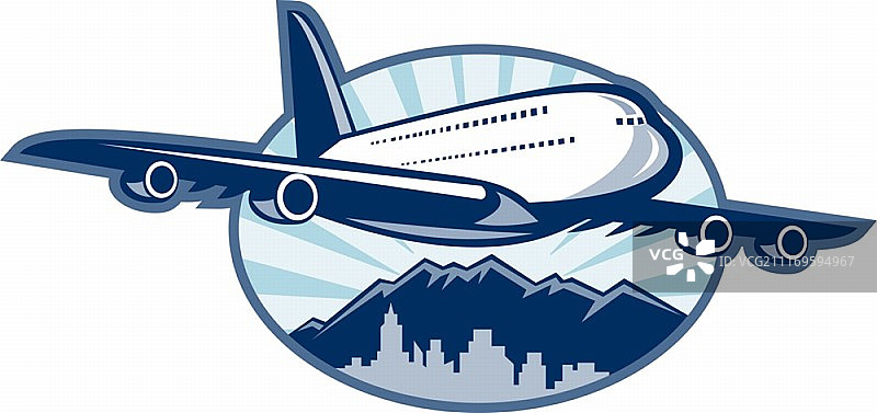 城市天际线背景下的巨型喷气客机起飞插画图片素材