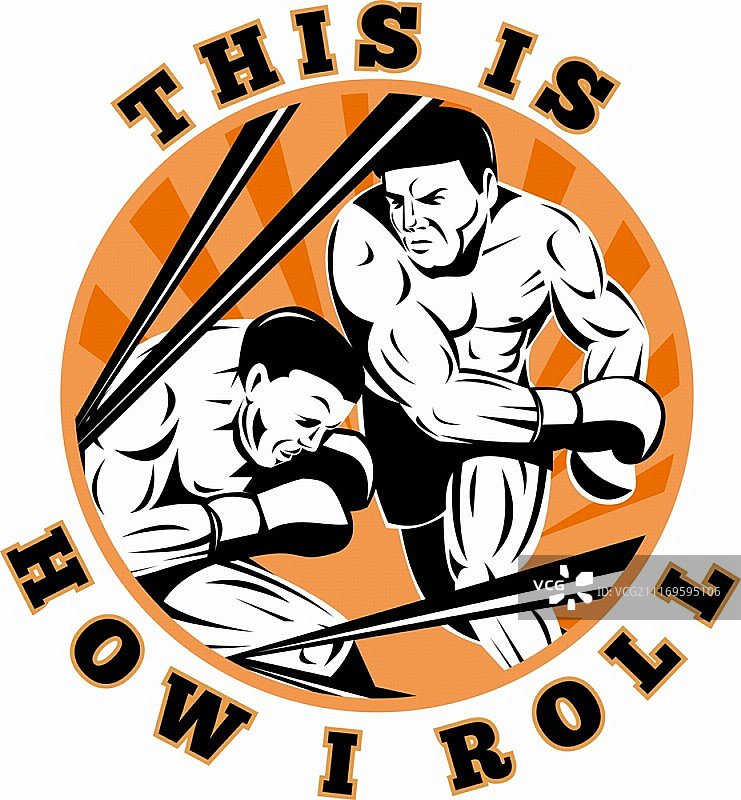 拳击手击出制胜一拳的圆形复古风格插画，文字：这就是我的风格图片素材