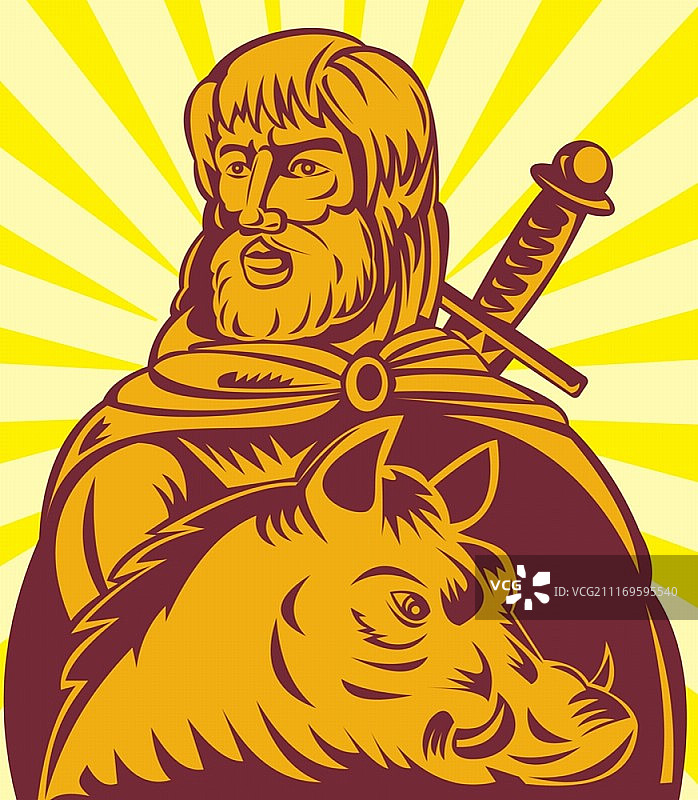 手持剑和野猪的北欧农业之神弗雷插画图片素材