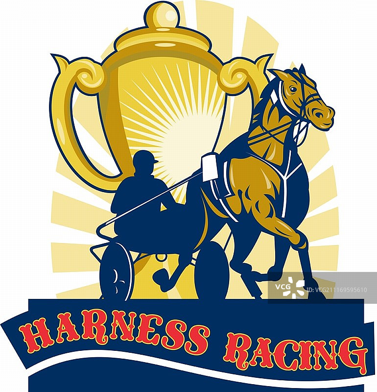 低角度视角，轻便马车赛马与冠军奖杯和阳光背景复古风格插画图片素材