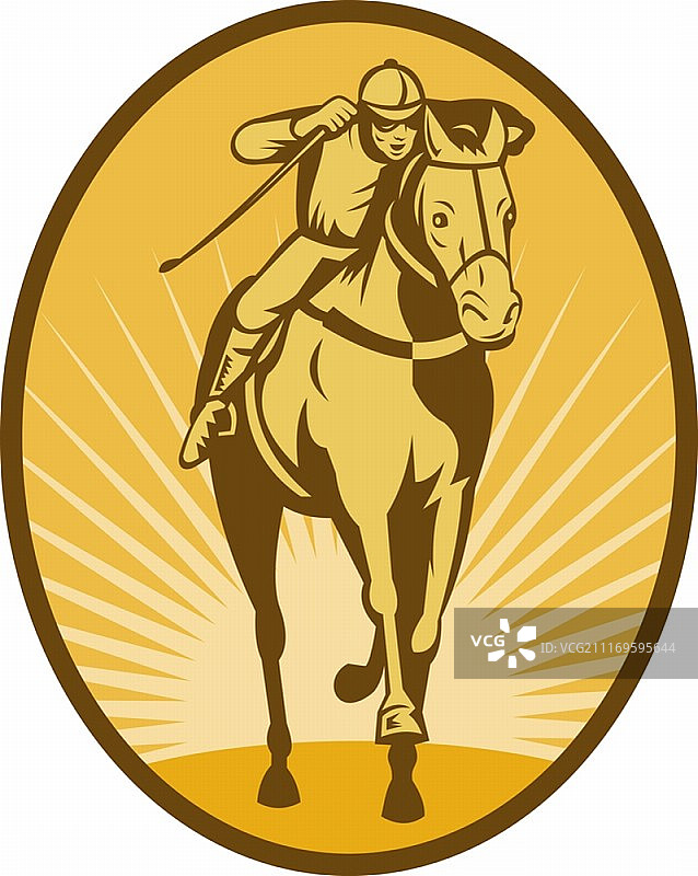 在木刻风格中完成的赛马和骑师正面图插画图片素材