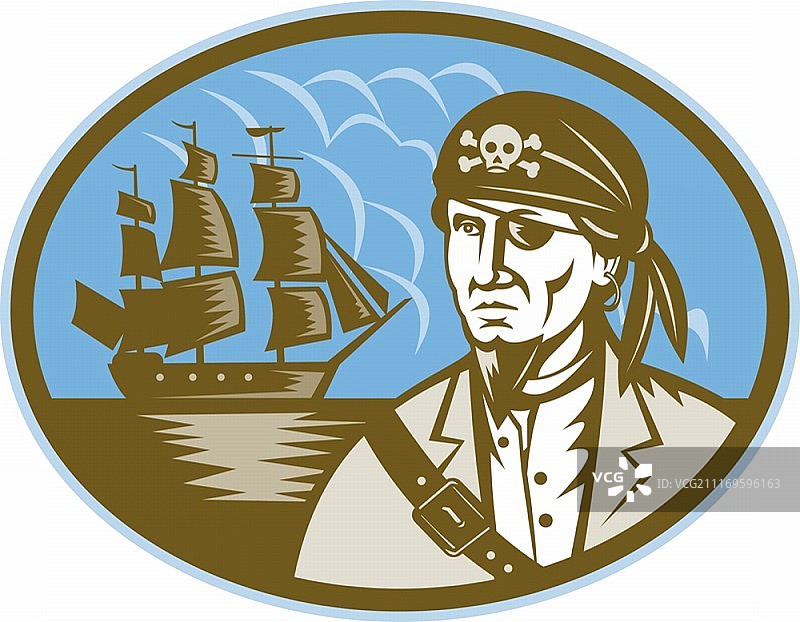 以高大的帆船为背景的海盗木刻风格插画图片素材