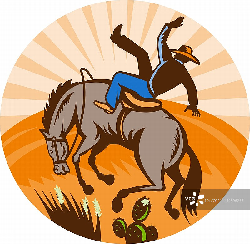 复古木刻风格的牛仔坠马插画图片素材