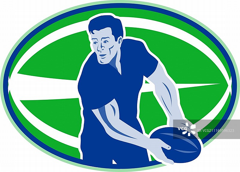 橄榄球运动员从正面传球的插图，背景带有球的复古风格。橄榄球运动员传球图片素材