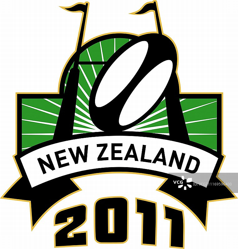 复古风格橄榄球和球门柱插画，内含“新西兰2011”字样图片素材