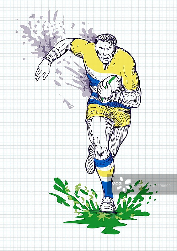 橄榄球运动员在背景网格中奔跑和传球的手绘草图插画图片素材