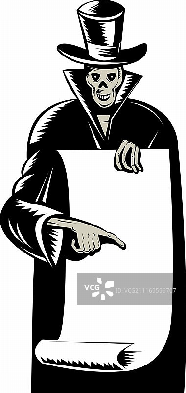 戴着高礼帽，手持黑色纸张的死神复古木刻风格插画图片素材