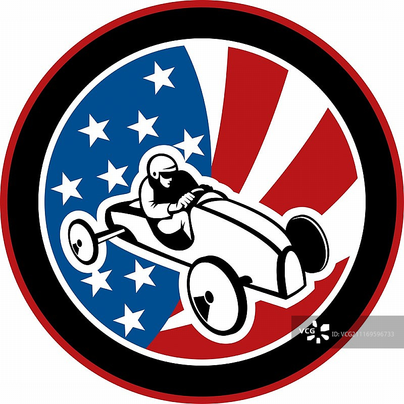 带有星条旗背景的美国肥皂盒德比赛车插画图片素材
