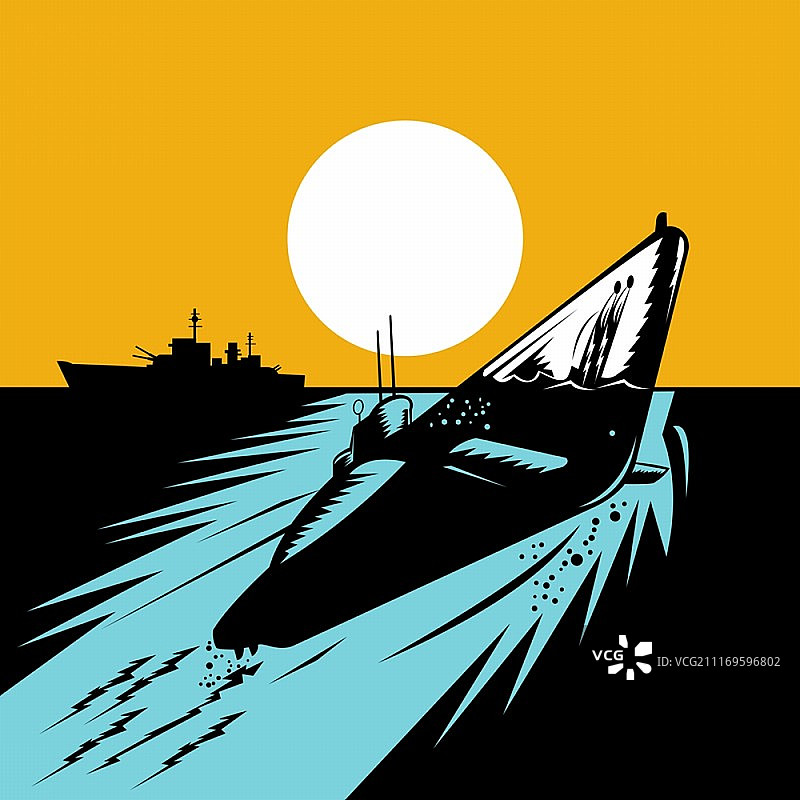 复古风格的潜艇在水面上升起，背景是战舰插画图片素材
