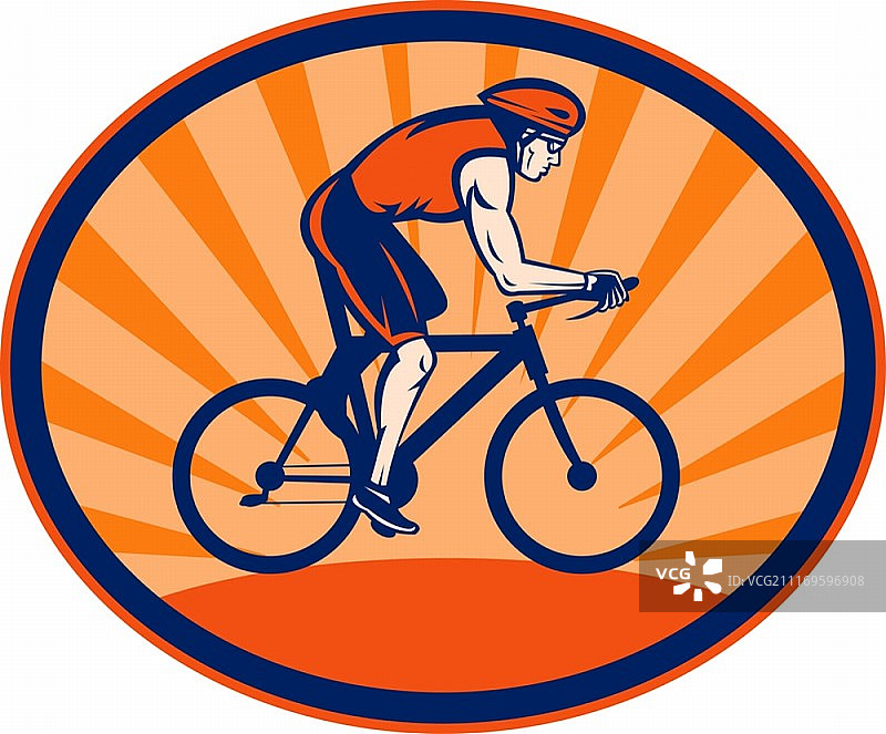 椭圆形背景中骑自行车的铁人三项运动员插画图片素材