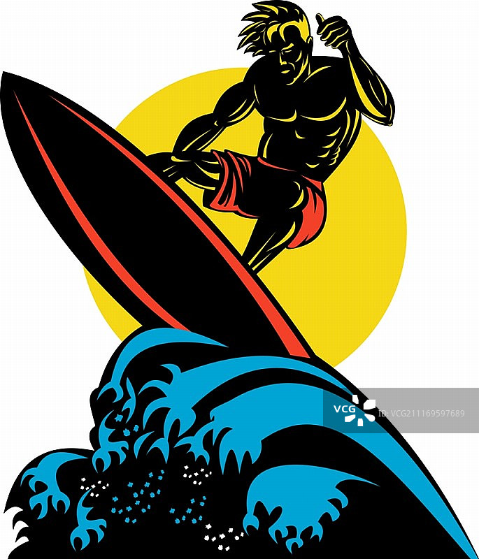 复古风格的阳光海浪冲浪者插画图片素材
