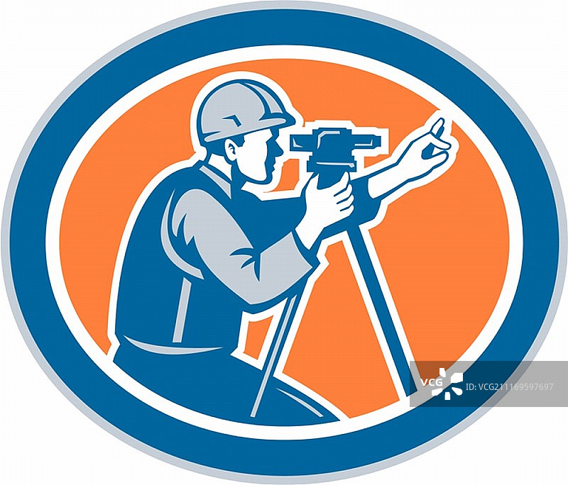 测量员使用全站仪进行测量复古风格插画图片素材